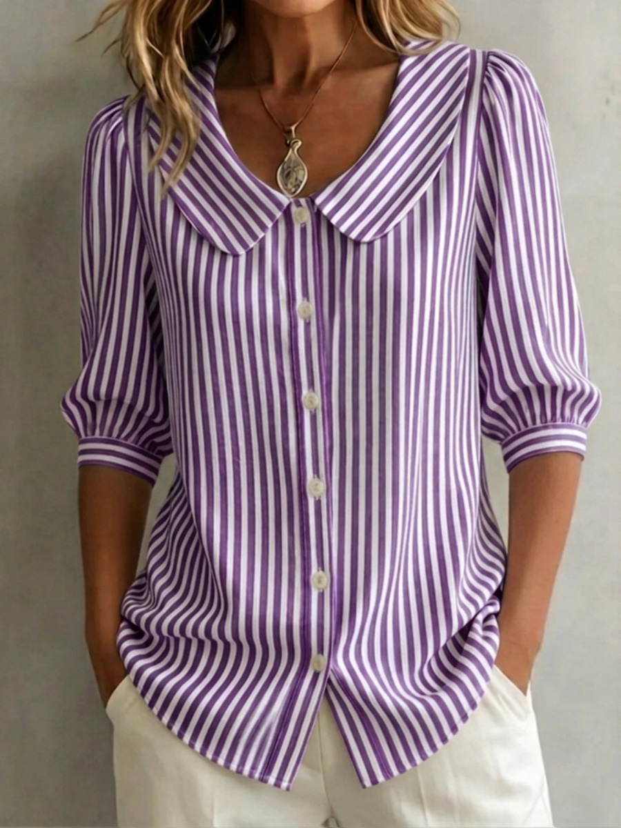 Women's Retro Peter Pan Collar Striped Cotton Linen Shirt