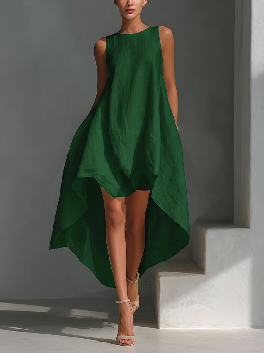 Women's Linen Fabric Sleeveless Midi Dress With Round Neck & Asymmetric Hem