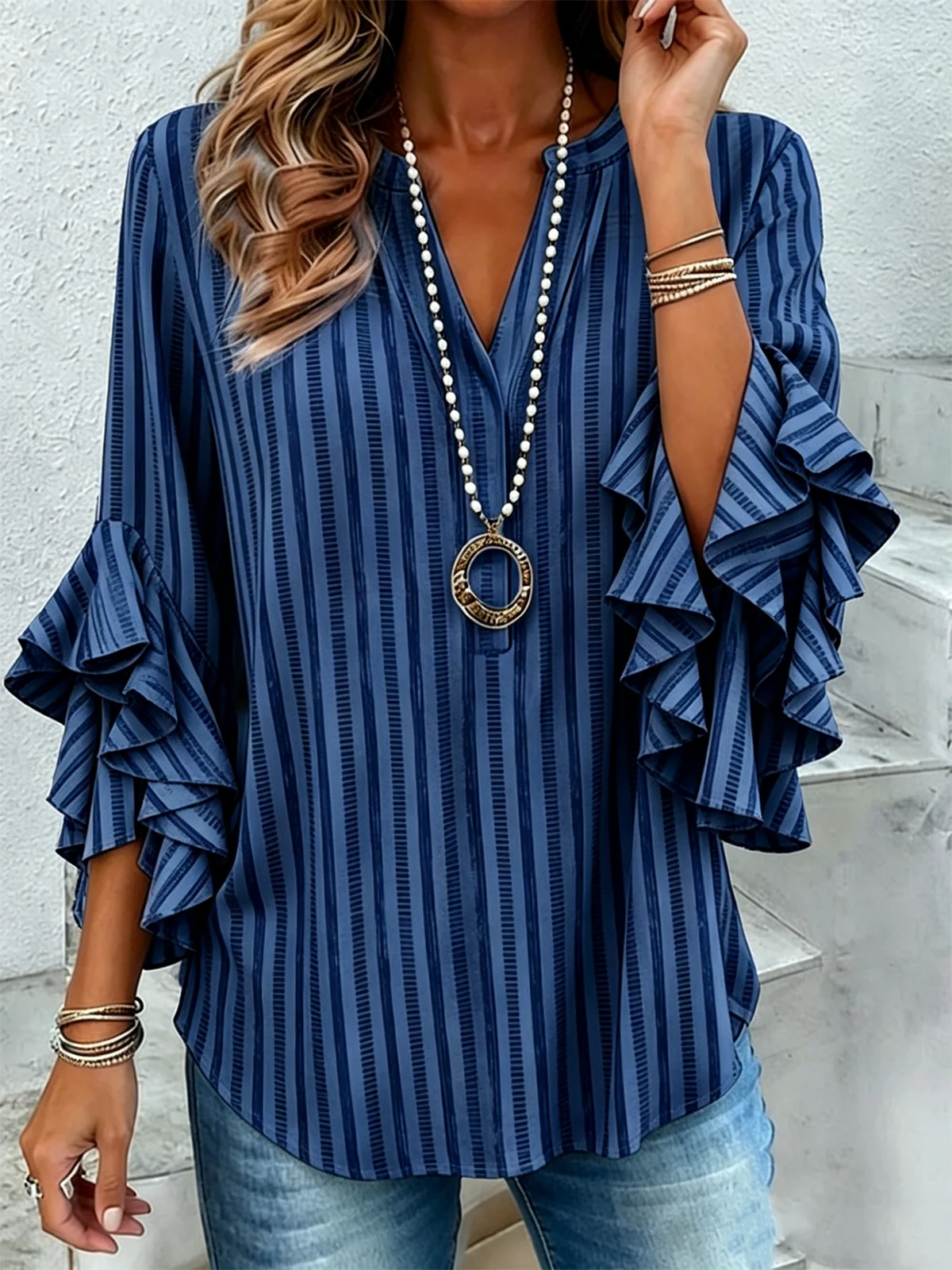 Women Striped V Neck Half Sleeve Shirt Vintage Daily Summer Top