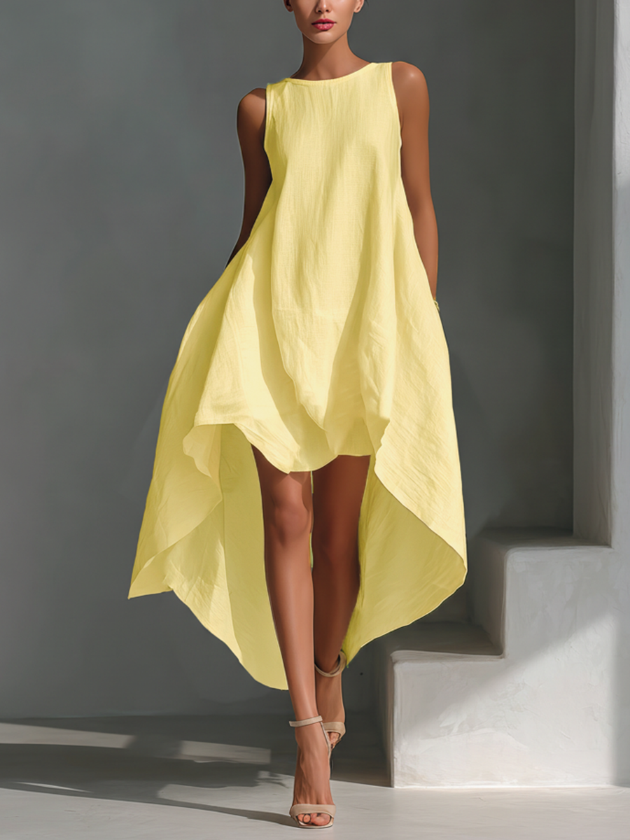 Women's Linen Fabric Sleeveless Midi Dress With Round Neck & Asymmetric Hem