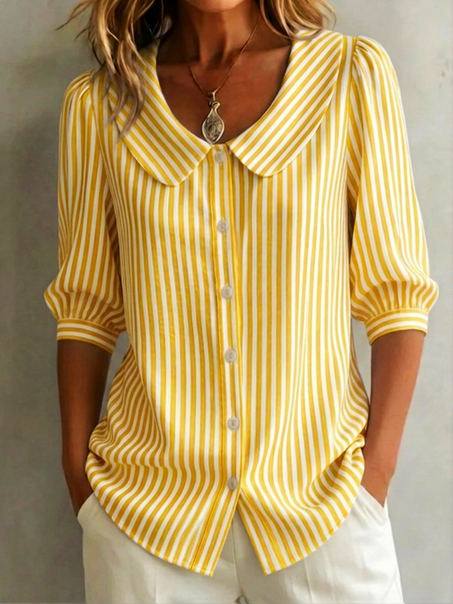 Women's Retro Peter Pan Collar Striped Cotton Linen Shirt