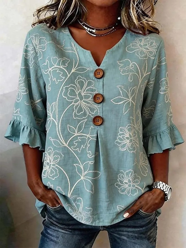 Women's 3D Floral Print V-Neck Half Sleeve Shirt with Wooden Buttons
