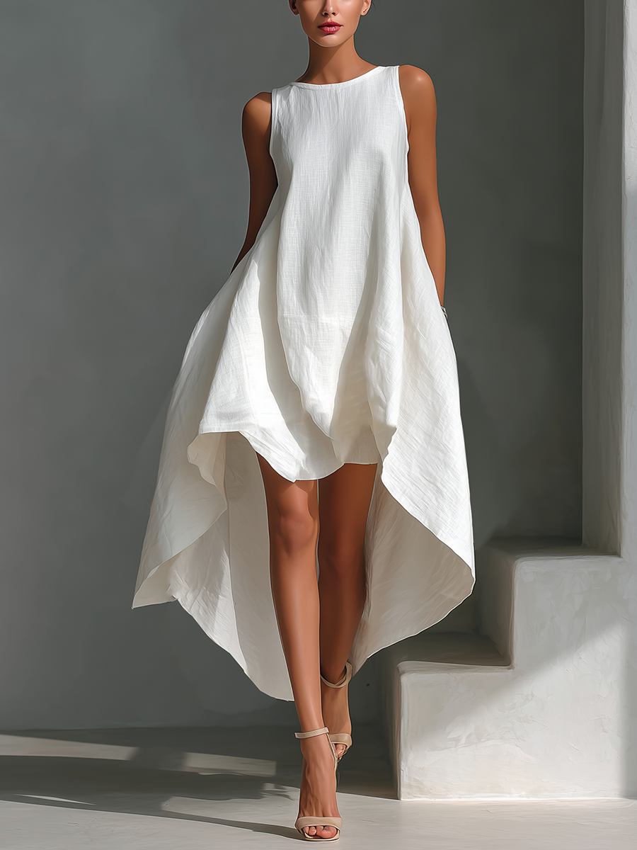 Women's Linen Fabric Sleeveless Midi Dress With Round Neck & Asymmetric Hem