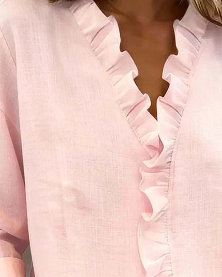 Blouse with Ruffles, V-Neck and Long Sleeves