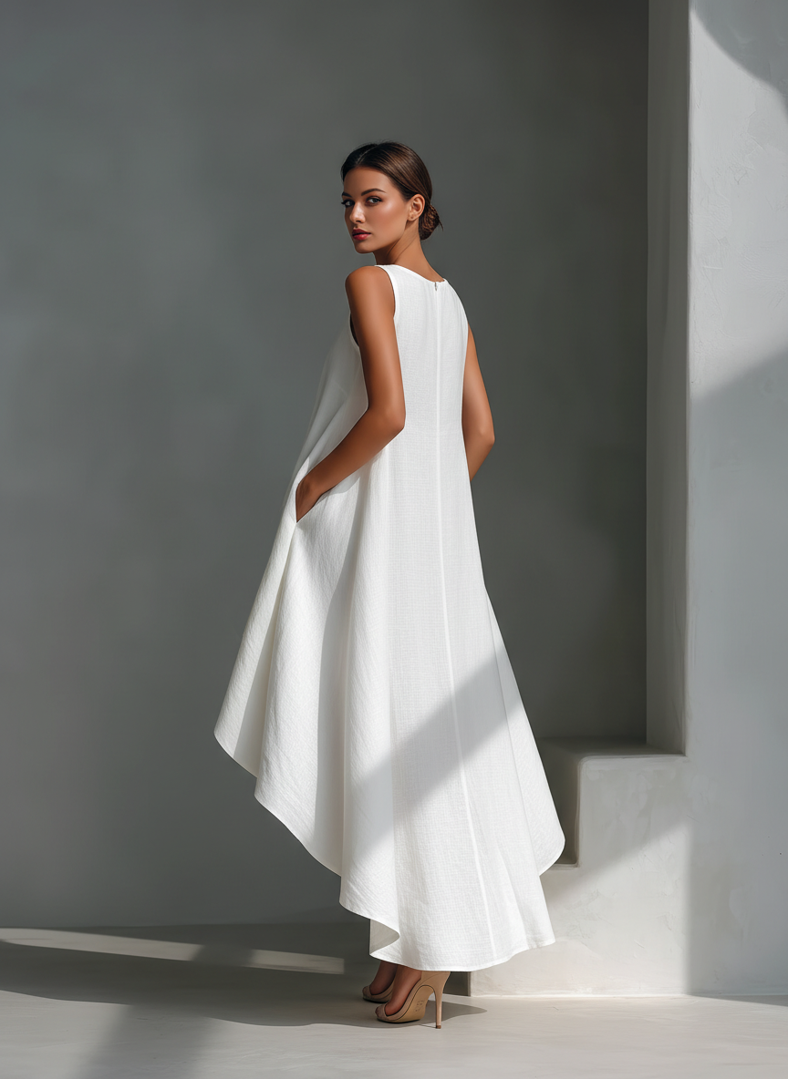 Women's Linen Fabric Sleeveless Midi Dress With Round Neck & Asymmetric Hem