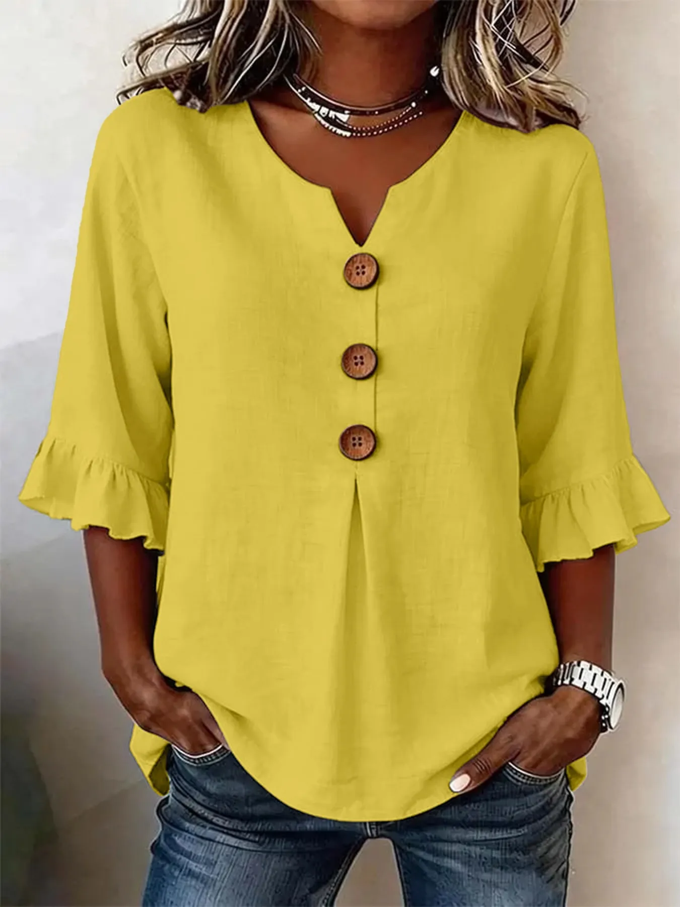 Women Plain V Neck Half Sleeve Blouse Peplum Vintage Cotton Linen Tops