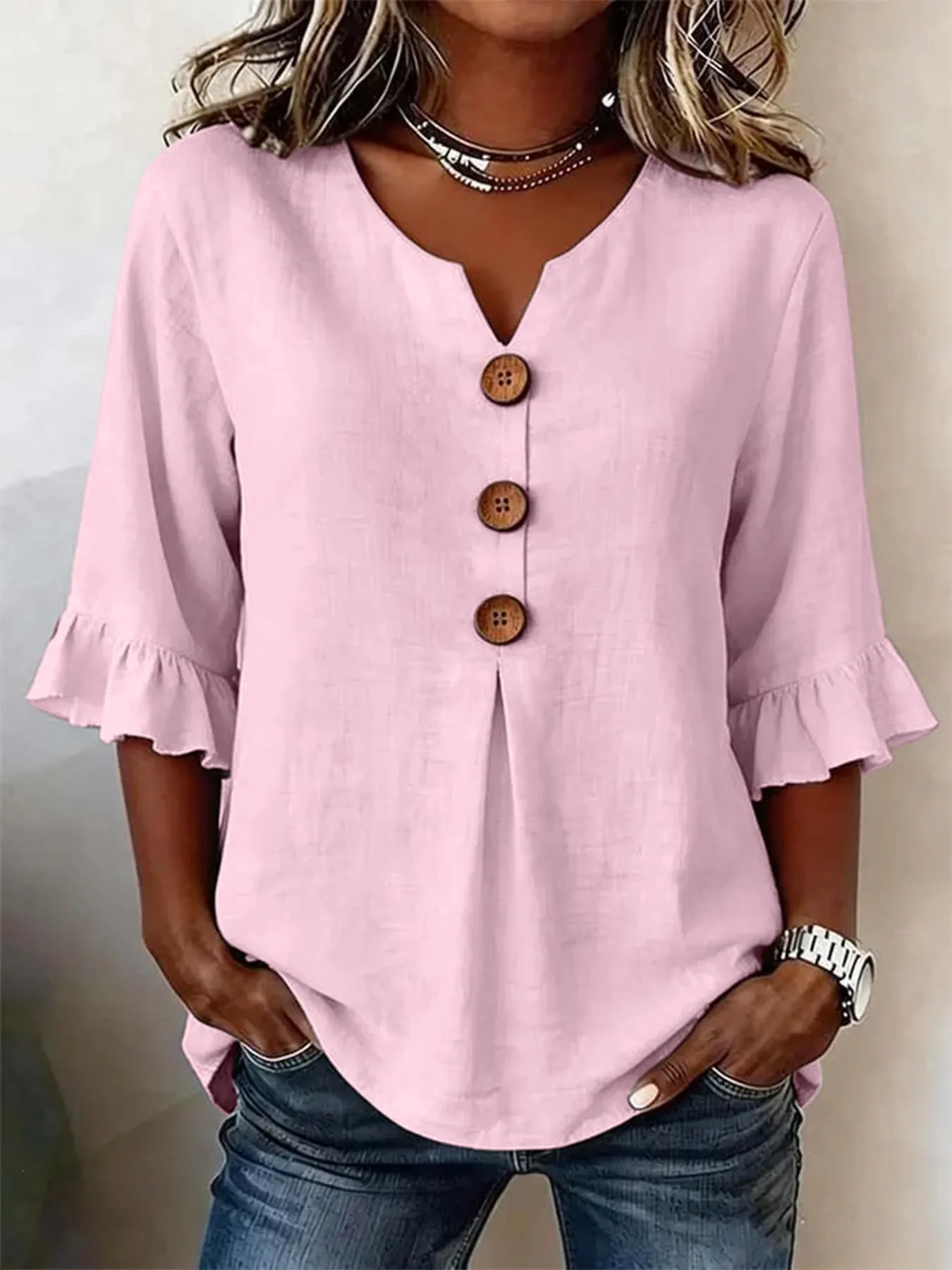Women Plain V Neck Half Sleeve Blouse Peplum Vintage Cotton Linen Tops