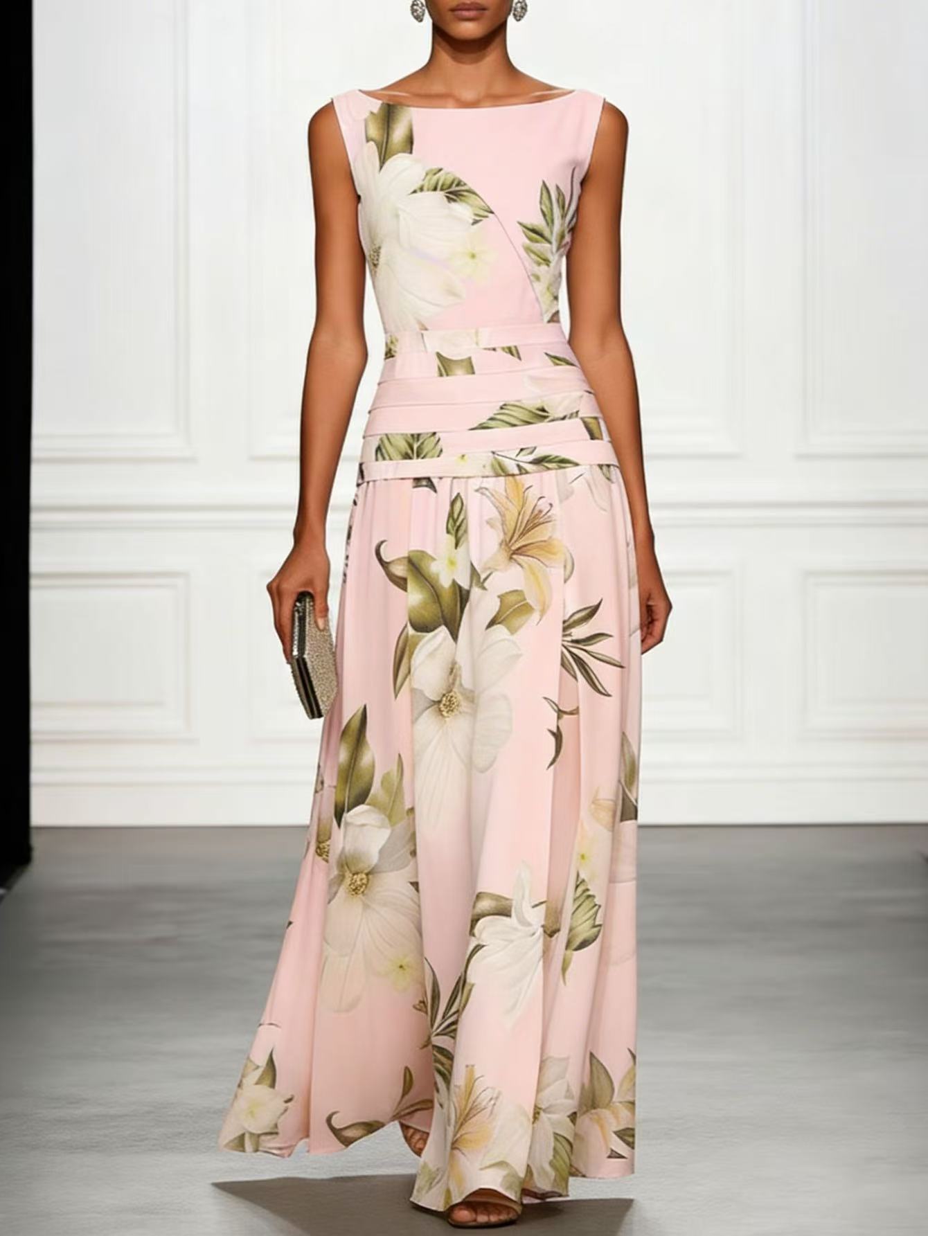 Floral Ruffled Boat Neck Sleeveless Maxi Dress