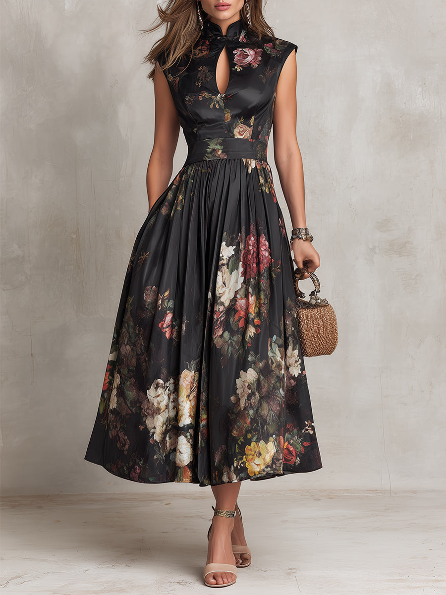 Black Keyhole Collar Floral Pleated Satin Midi Dress