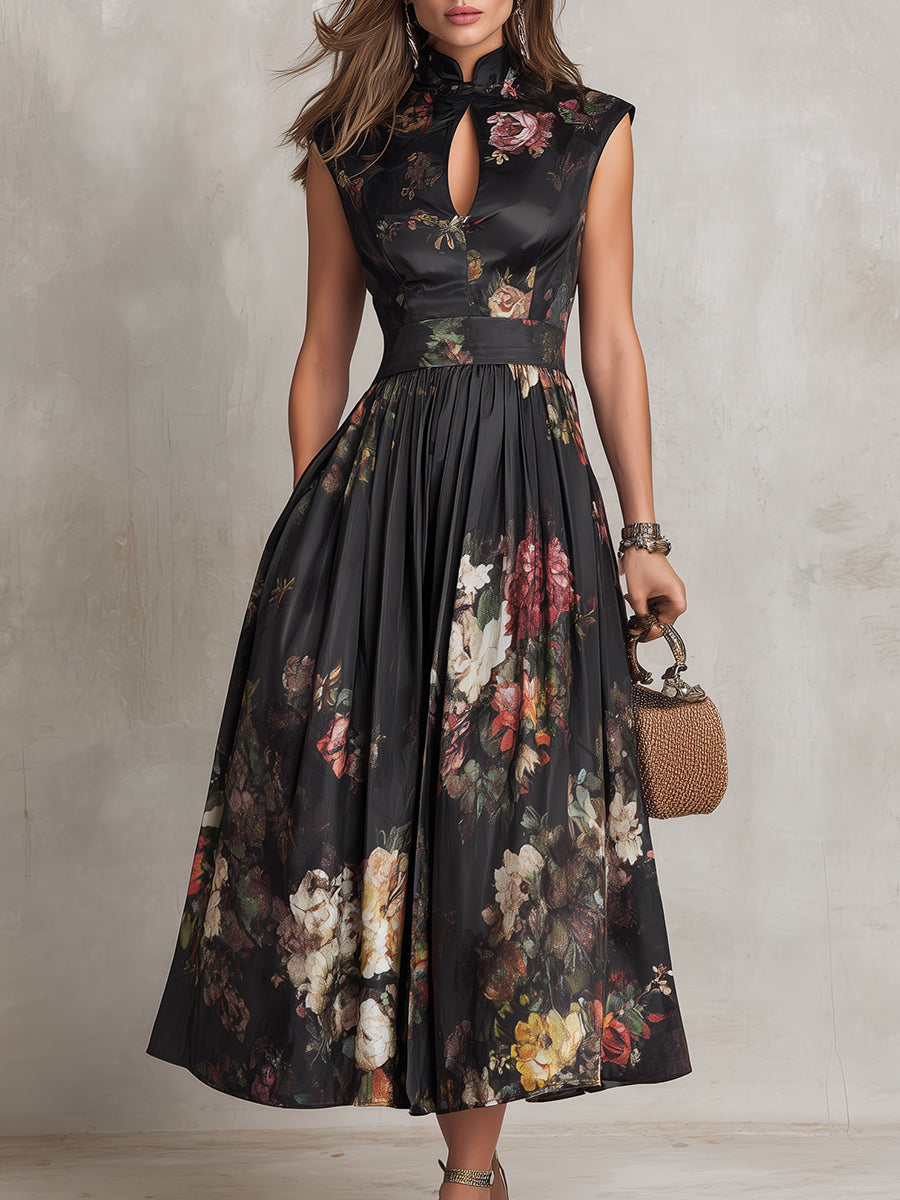 Black Keyhole Collar Floral Pleated Satin Midi Dress