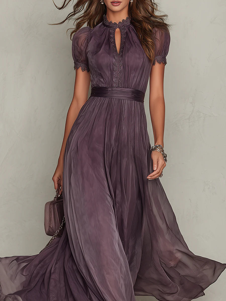 Purple Keyhole Neckline Chiffon Lace Trim Maxi Dress