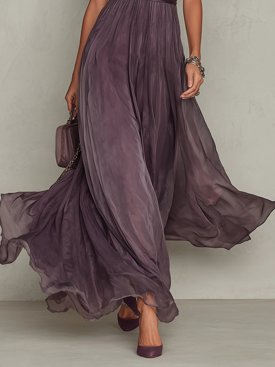 Purple Keyhole Neckline Chiffon Lace Trim Maxi Dress