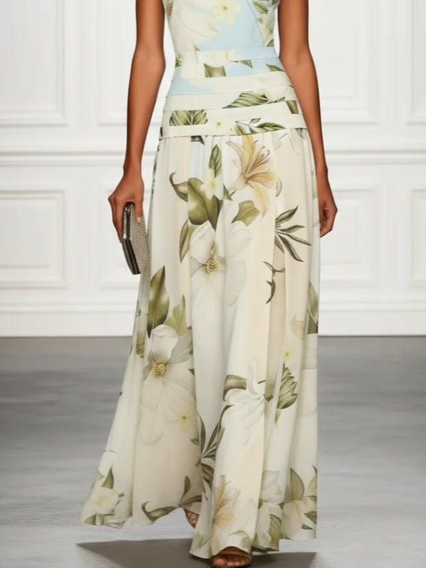 Floral Ruffled Boat Neck Sleeveless Maxi Dress