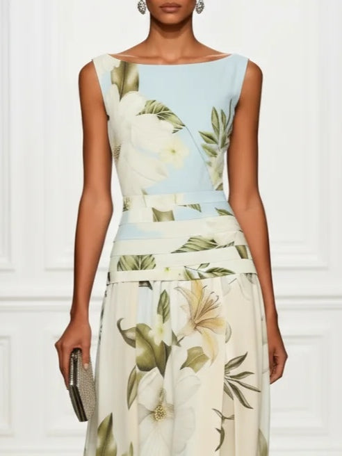 Floral Ruffled Boat Neck Sleeveless Maxi Dress