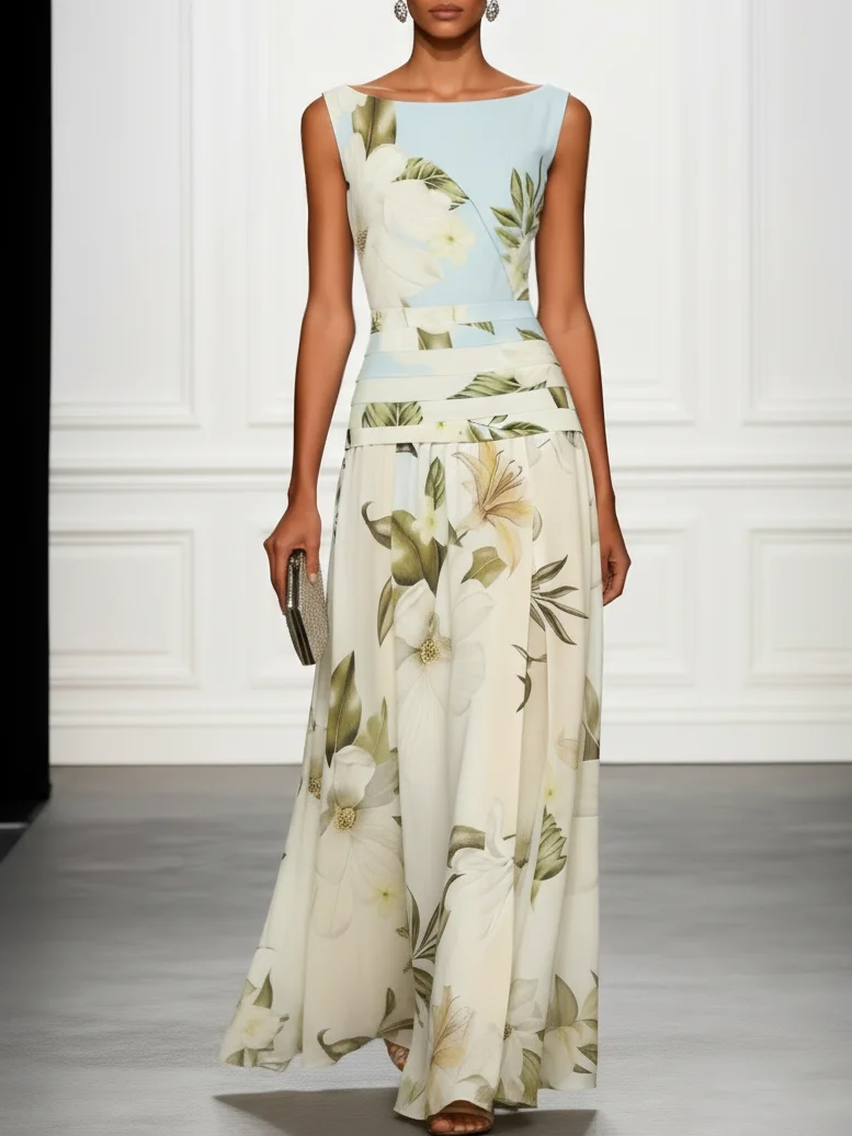 Floral Ruffled Boat Neck Sleeveless Maxi Dress