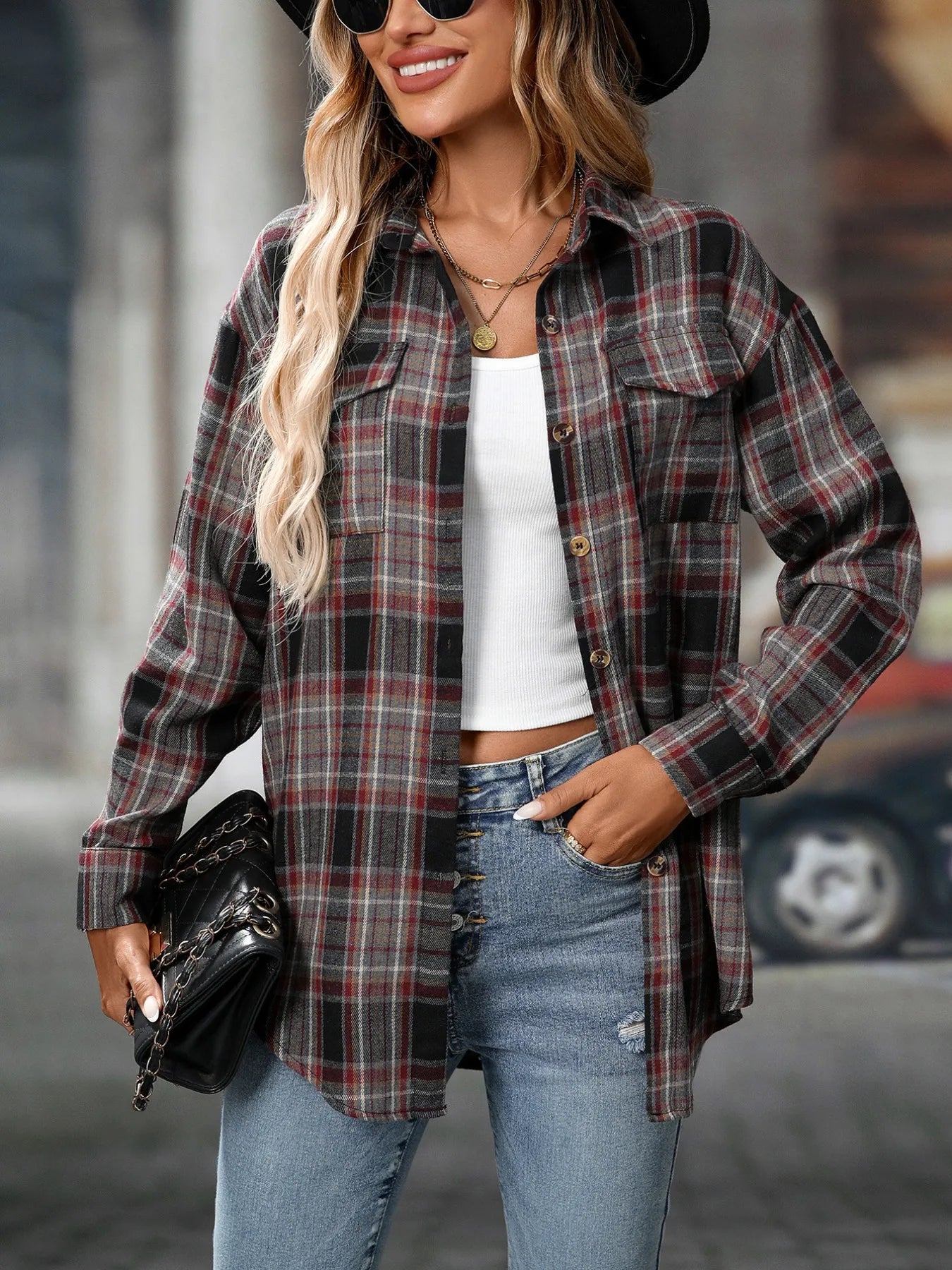 Oversized Plaid Button-Up Shirt