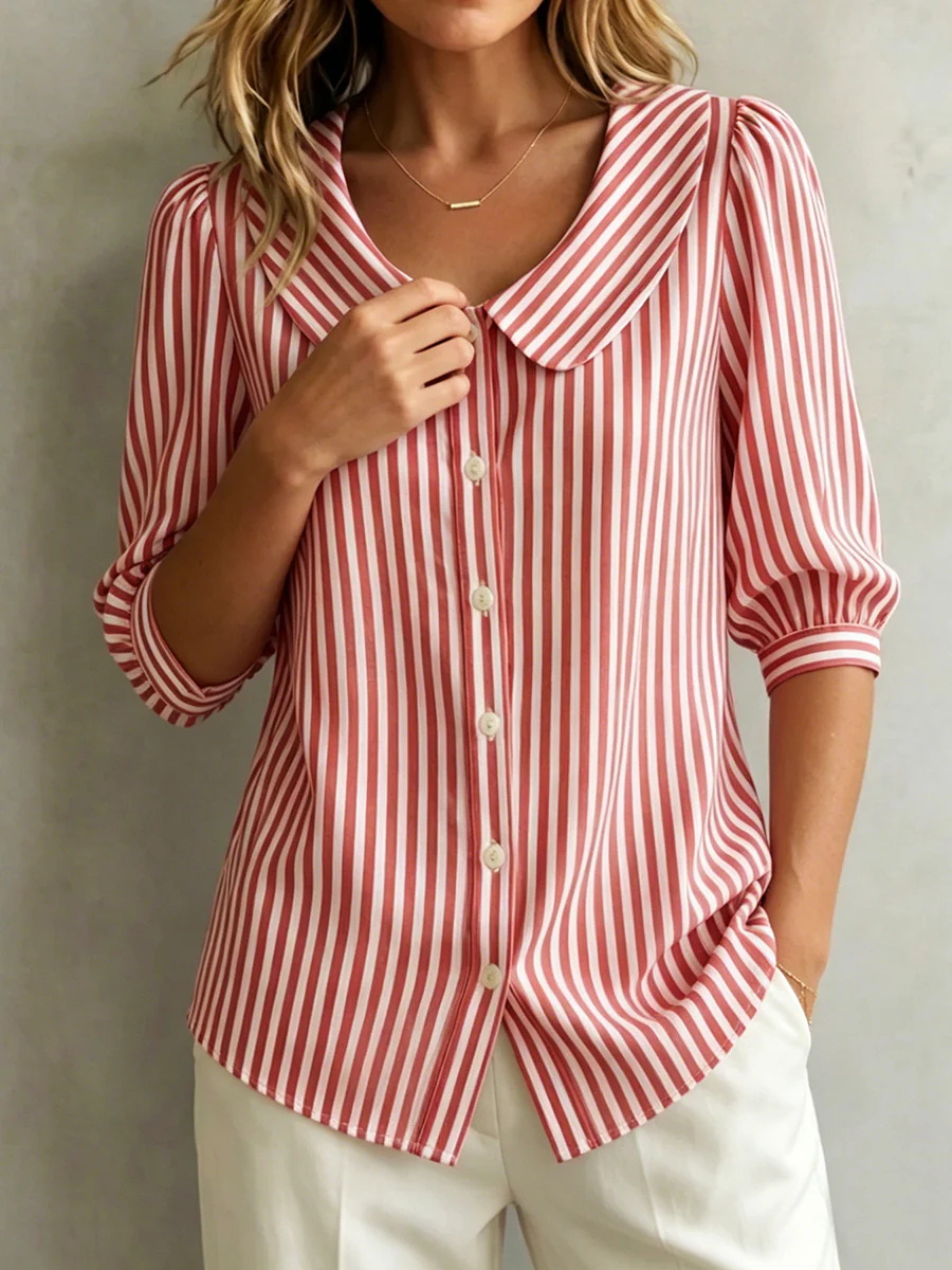 Women's Retro Peter Pan Collar Striped Cotton Linen Shirt