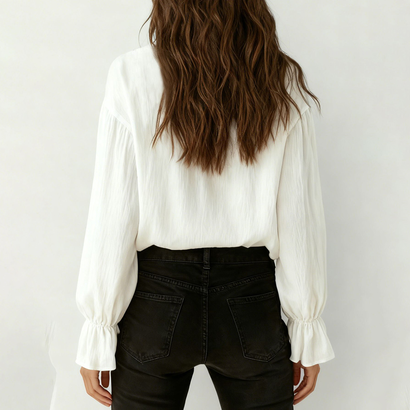 Solid Color Lapel Single Breasted Lace Panel Long-sleeved Shirt