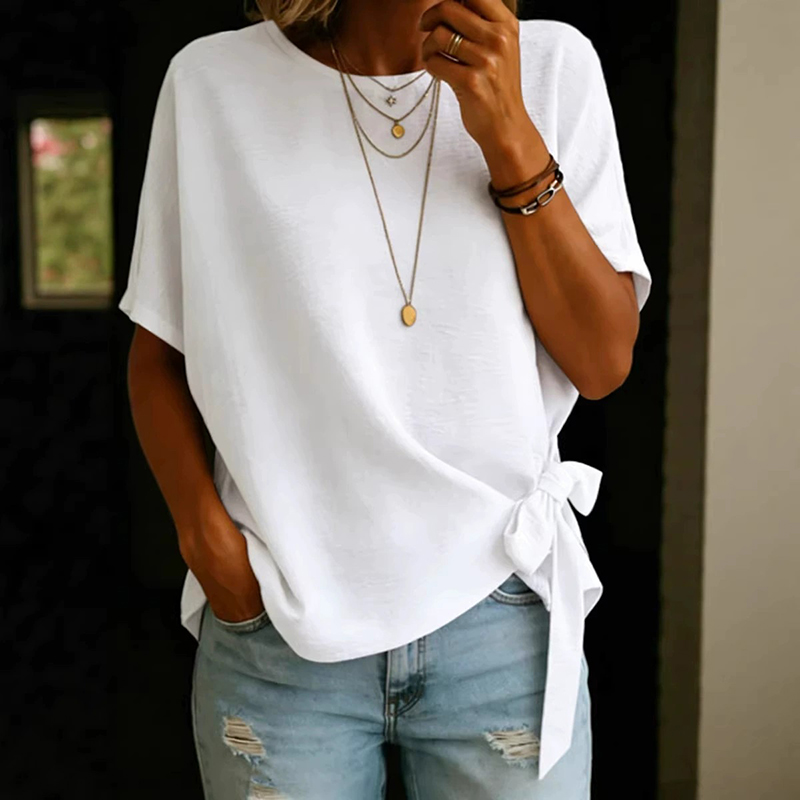 Women's Vintage Bow-tie Short Sleeves Round Neck Linen T-shirt