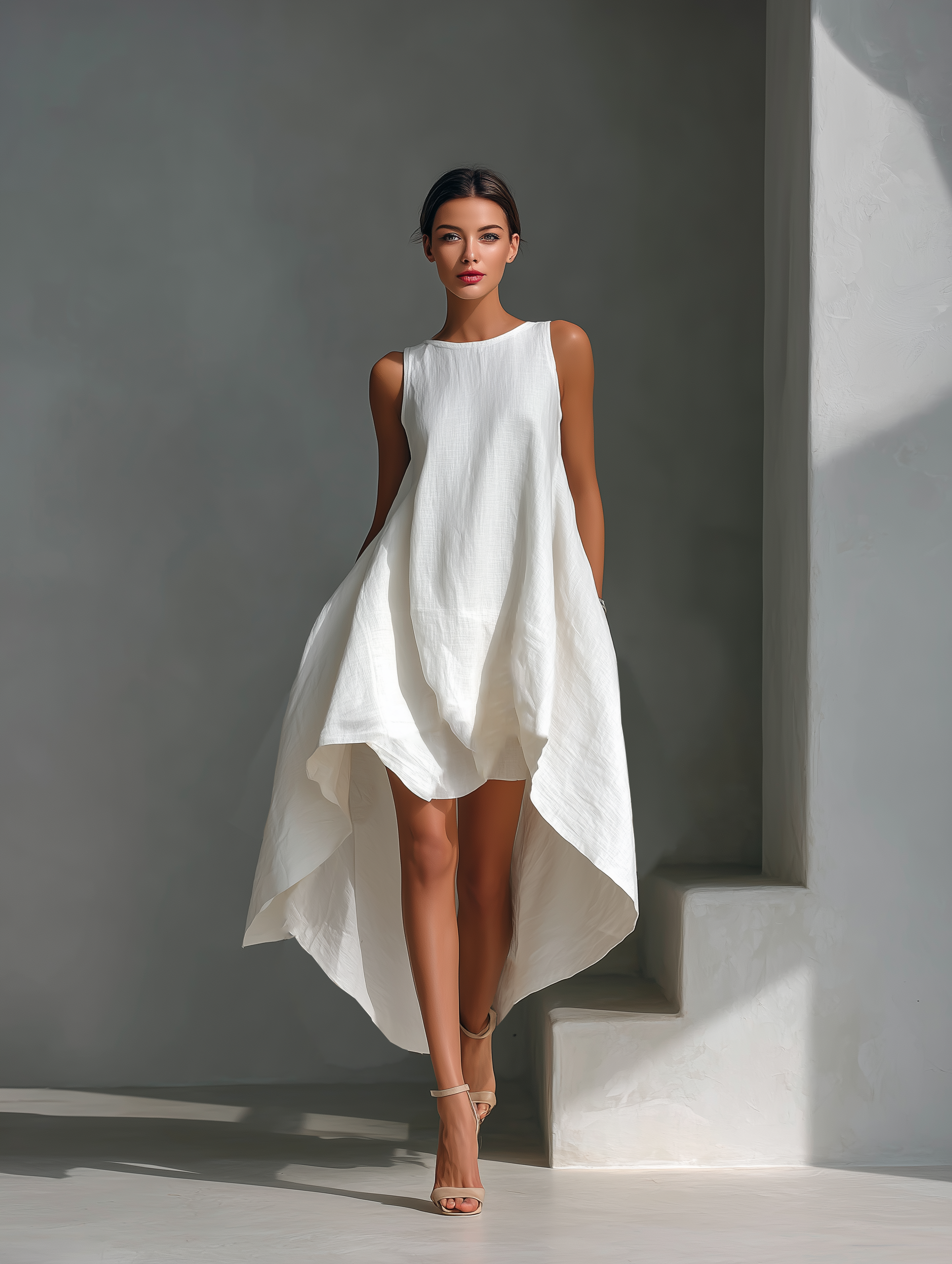 Women's Linen Fabric Sleeveless Midi Dress With Round Neck & Asymmetric Hem