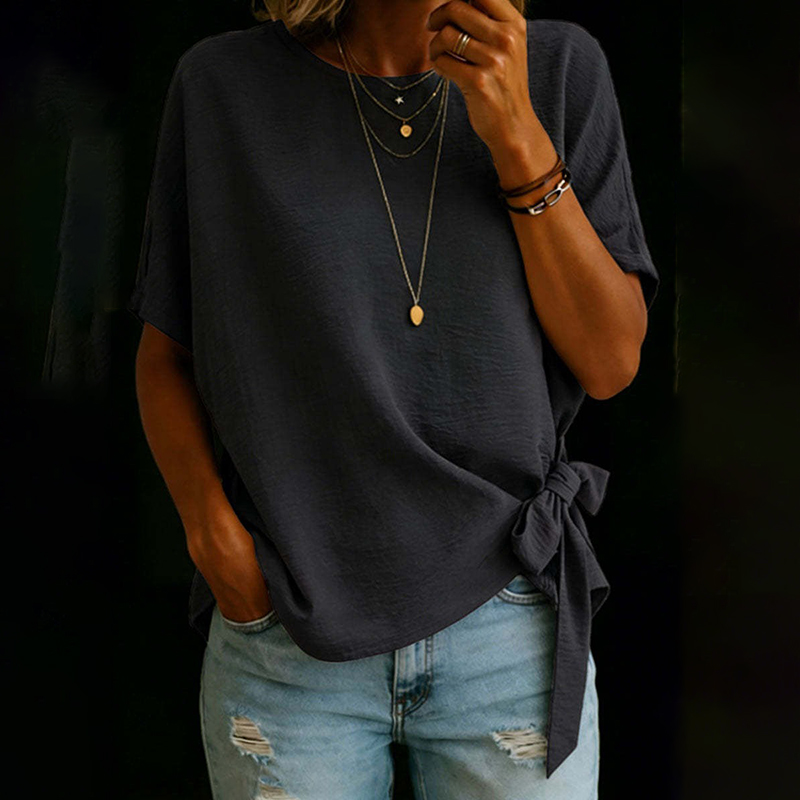 Women's Vintage Bow-tie Short Sleeves Round Neck Linen T-shirt