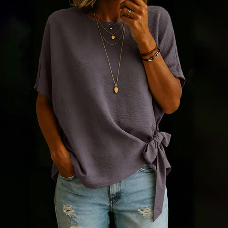 Women's Vintage Bow-tie Short Sleeves Round Neck Linen T-shirt