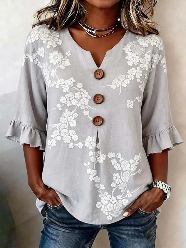 Women's 3D Floral Print V-Neck Half Sleeve Shirt with Wooden Buttons