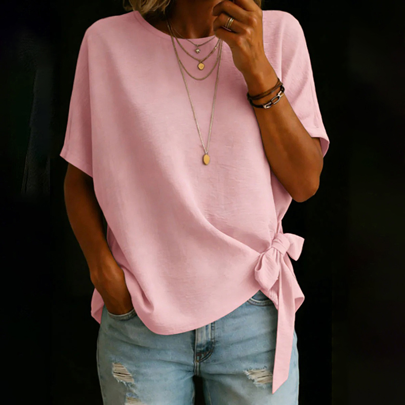 Women's Vintage Bow-tie Short Sleeves Round Neck Linen T-shirt