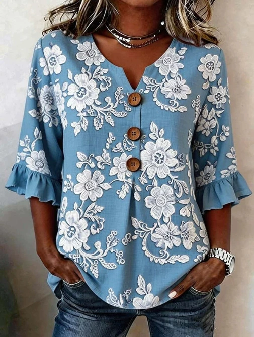 Women's 3D Floral Print V-Neck Half Sleeve Shirt with Wooden Buttons