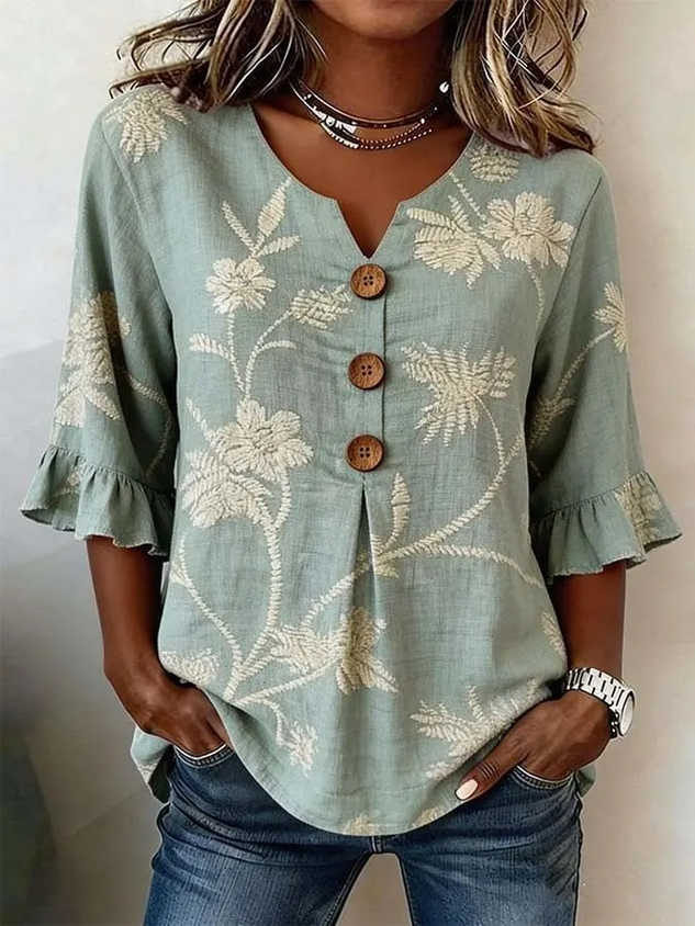 Women's 3D Floral Print V-Neck Half Sleeve Shirt with Wooden Buttons