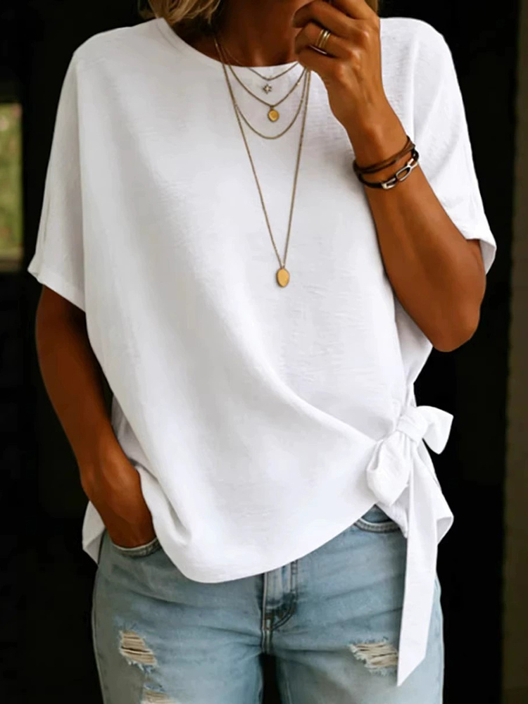Women's Vintage Bow-tie Short Sleeves Round Neck Linen T-shirt