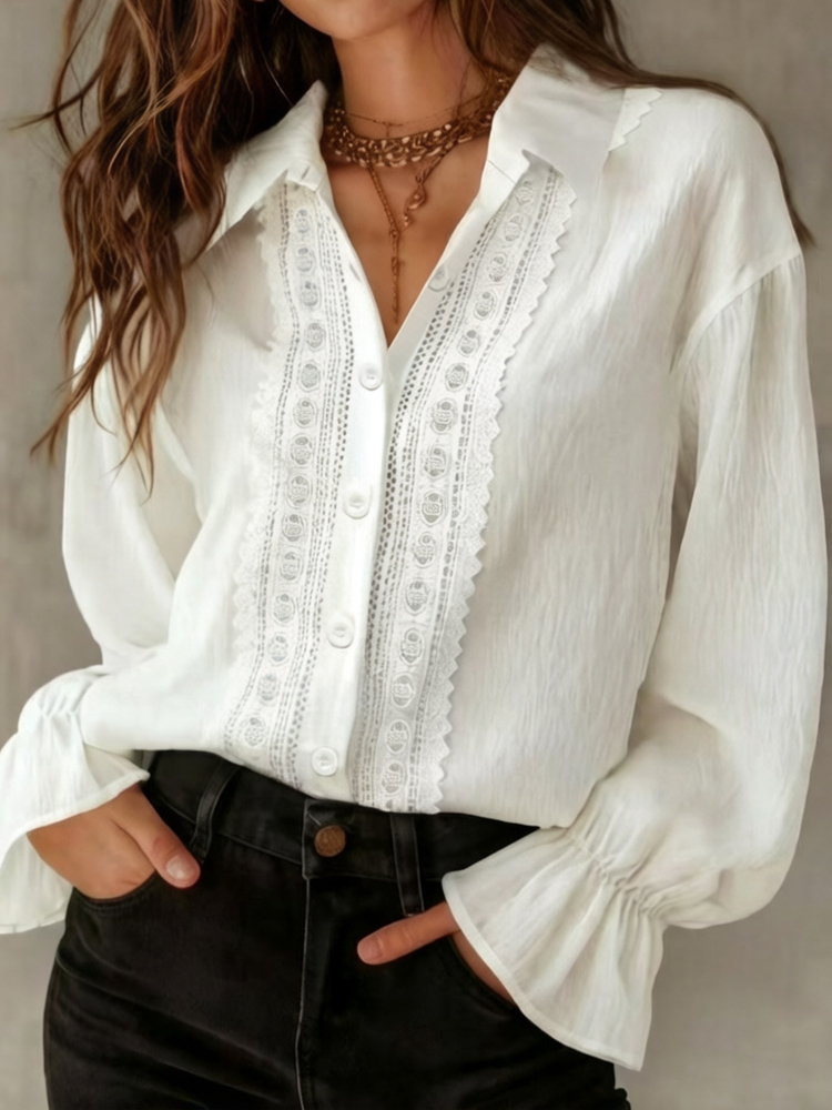 Solid Color Lapel Single Breasted Lace Panel Long-sleeved Shirt