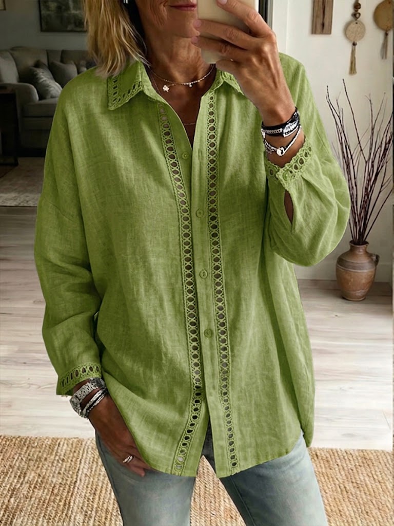 Casual Long-sleeve Linen-cotton Shirt With Spliced cutout Webbing