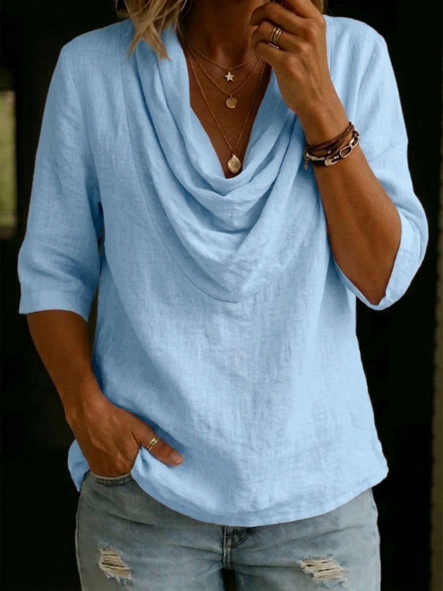 Women's Solid-color Swing-neck Casual Cotton-linen Shirt Top