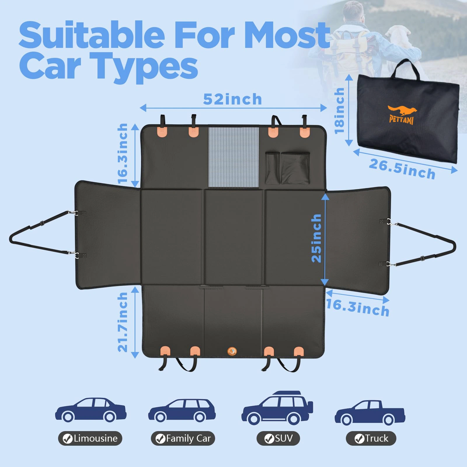 Pettami｜Hard Bottom Dog Car Seat Cover for Pets 100% Waterproof Seat Cover Hammock 600D Heavy Duty Scratch Proof Nonslip Durable Back Seat Covers for Cars Trucks and SUVs