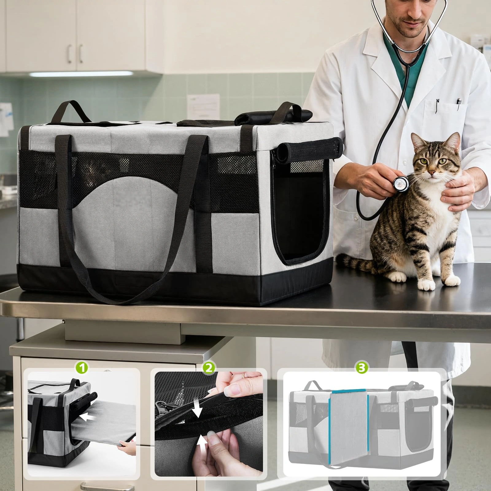Pettami — Trasportino Doppio Scomparto per Gatti | Borsa da Viaggio Ultra‑Stabile e Traspirante — Verde
