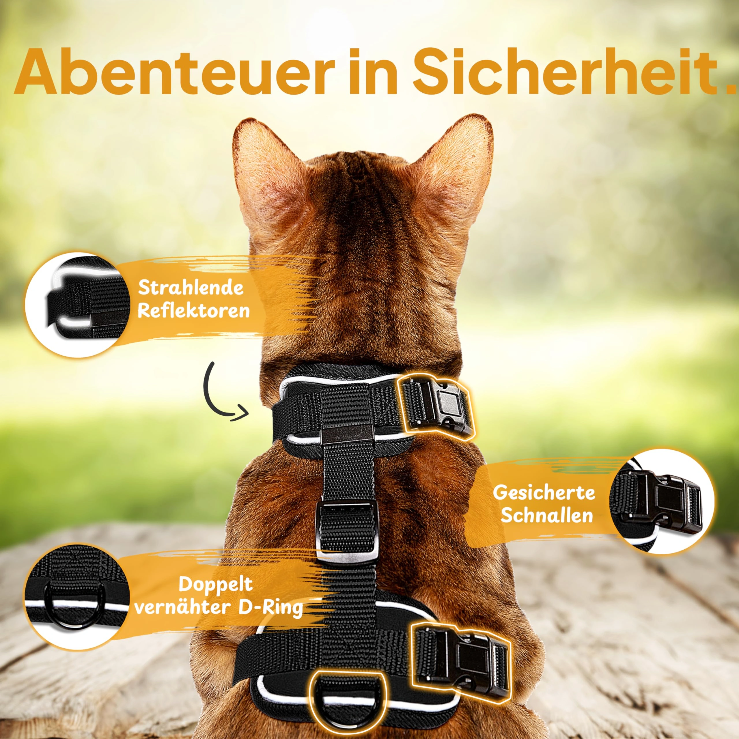 Pettami Katzengeschirr mit Leine - Leichte Version für Katzen und Kätzchen - Kontrollierte Freiheit - Schwarz, Größe S/M