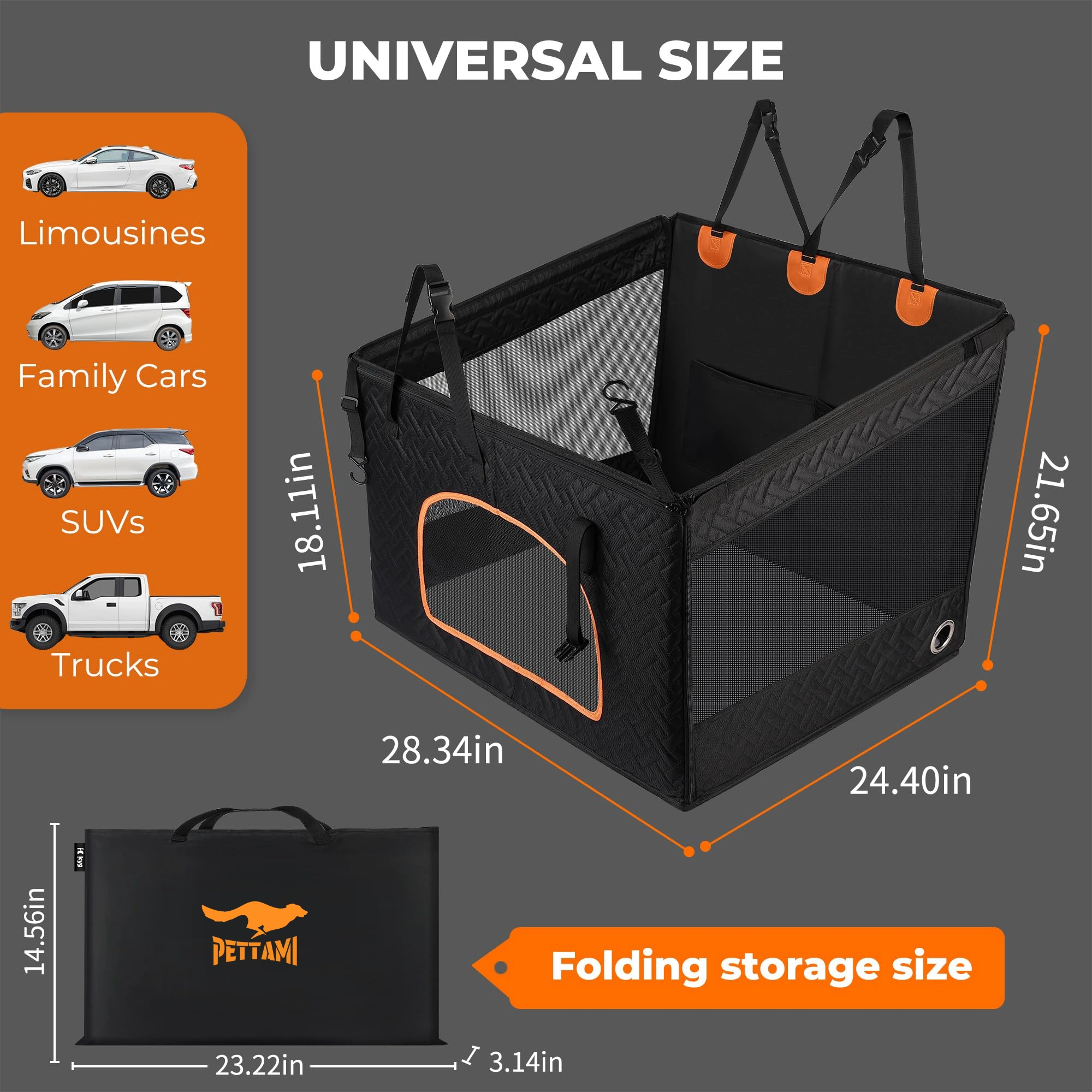 Pettami VistaPro: Elevated Canine Travel Seat | Waterproof Rigid Base & Padded Comfort for Large & Medium Breeds | Panoramic 3-Mesh Ventilation | Collapsible Design for Cars, SUVs & Trucks