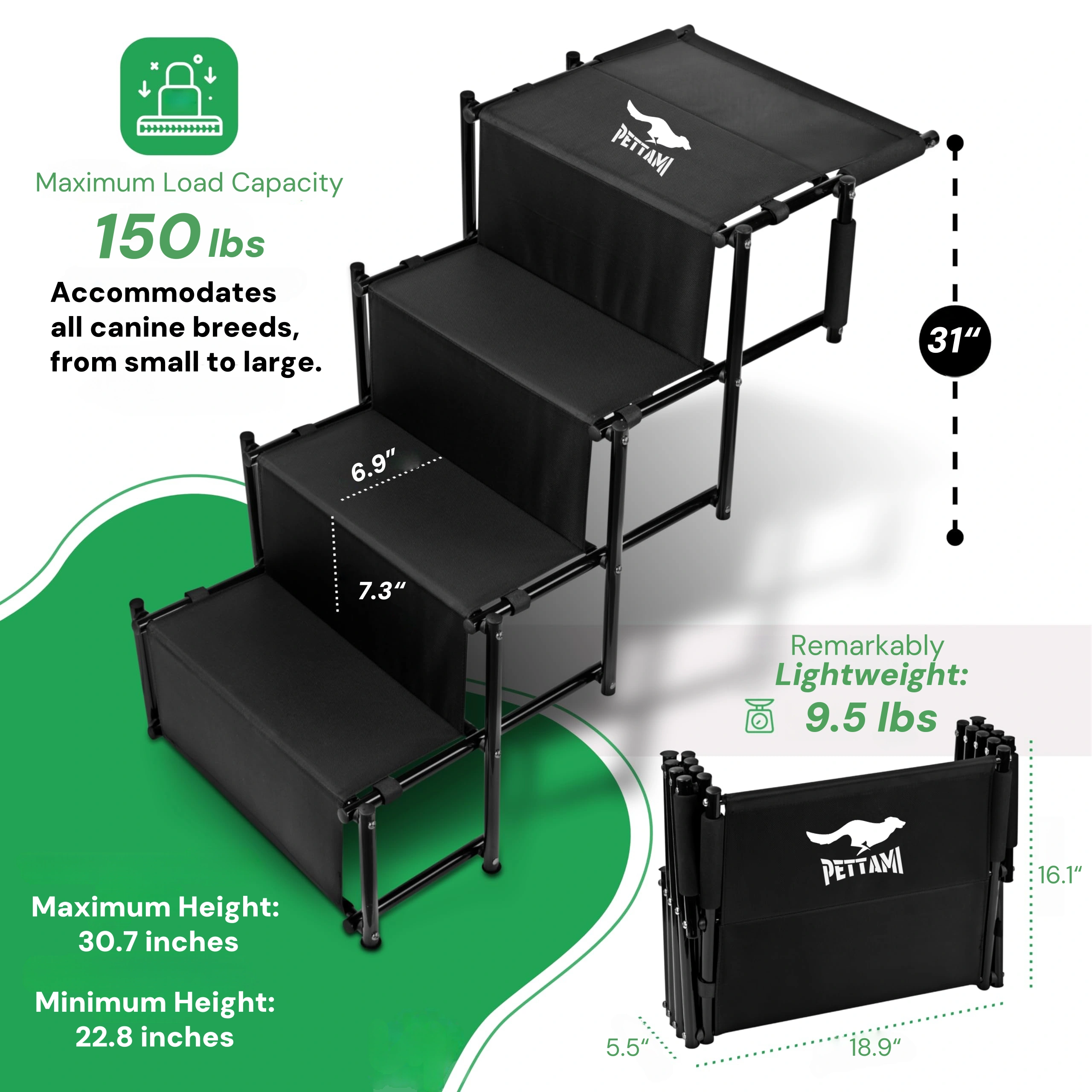 Pettami GlidePath Folding Canine Ramp | Orthopedic Joint Support & Seamless Vehicle Access | Ultra-Lightweight & Adjustable
