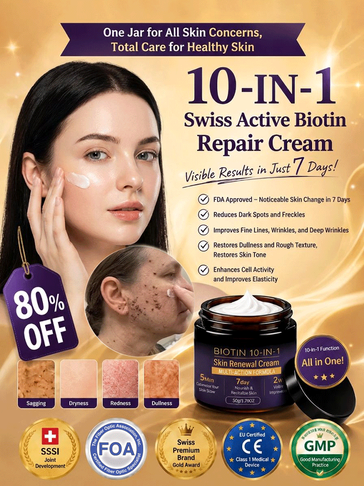 This Swiss Biotin & Peptide 10-in-1 Rejuvenating Cream deeply repairs acne-prone skin, redness, deep wrinkles, and dark spots in just 7 days, restoring firm, smooth, and youthful-looking skin.