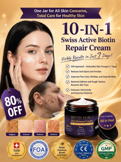 This Swiss Biotin & Peptide 10-in-1 Rejuvenating Cream deeply repairs acne-prone skin, redness, deep wrinkles, and dark spots in just 7 days, restoring firm, smooth, and youthful-looking skin.