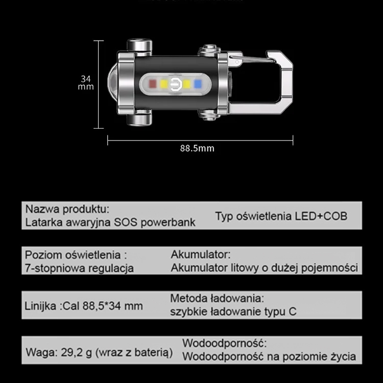 Wielofunkcyjna Mini Latarka SOS (Powerbank) 29g + Światło COB + Ostatnie Sztuki Wyprzedaży!