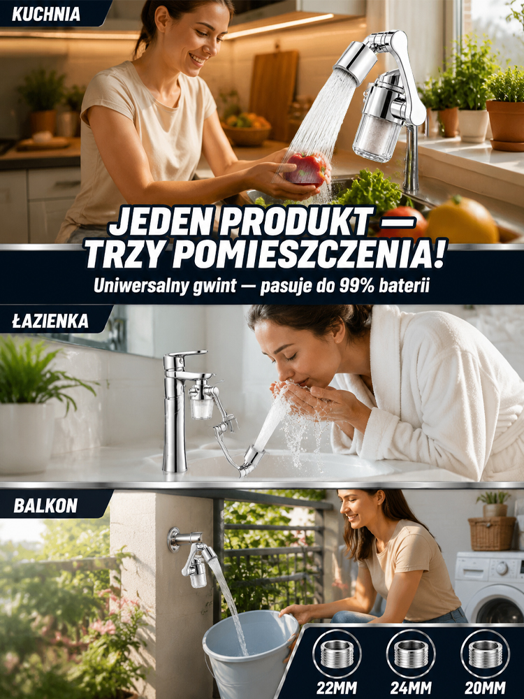 Ulepszona Bateria Filtrująca 1440° z Certyfikatem PZH | Mosiądz + Chrom | Koniec z Rdzą i Osadem!