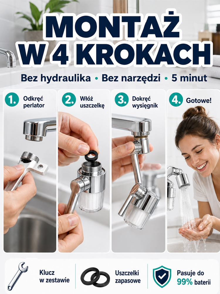 Ulepszona Bateria Filtrująca 1440° z Certyfikatem PZH | Mosiądz + Chrom | Koniec z Rdzą i Osadem!