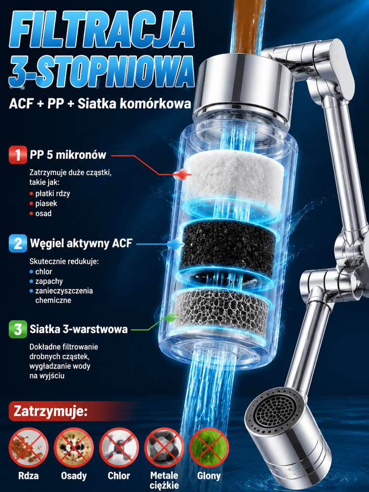 Ulepszona Bateria Filtrująca 1440° z Certyfikatem PZH | Mosiądz + Chrom | Koniec z Rdzą i Osadem!