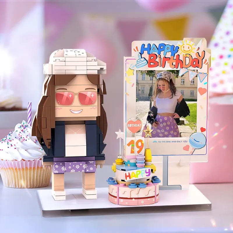 Figuras de ladrillo de cuerpo completo con temática de cumpleaños, juguete de bloques de partículas pequeñas personalizable para una persona, regalo para cumpleaños de niña y niño.