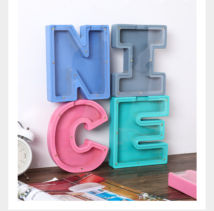 Hucha de madera con 26 letras en inglés, caja de almacenamiento de piezas de acrílico transparente, artículo especial para decoración de mesa de cumpleaños.