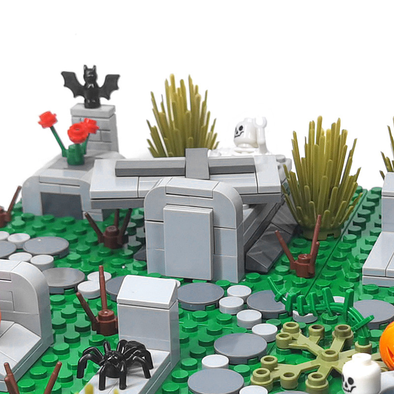 Figura MOC de Halloween, escena de cementerio de calavera fantasma con partículas pequeñas, juguete de figura DIY de Halloween