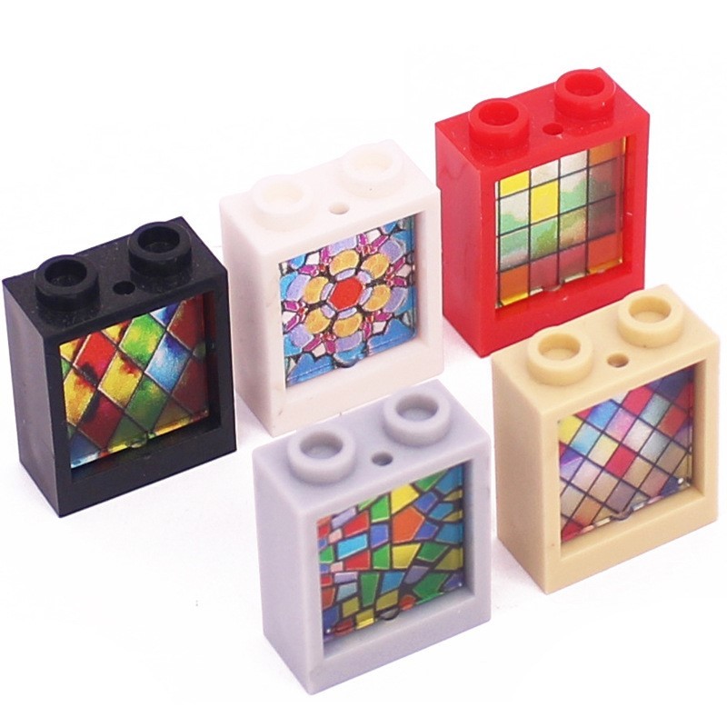 Ventanas de vidrio de 1x2x2 y paneles de pared de colores | 5 colores de marco y 6 estilos de vidrio | Compatible con n.° 60592 y n.° 60601