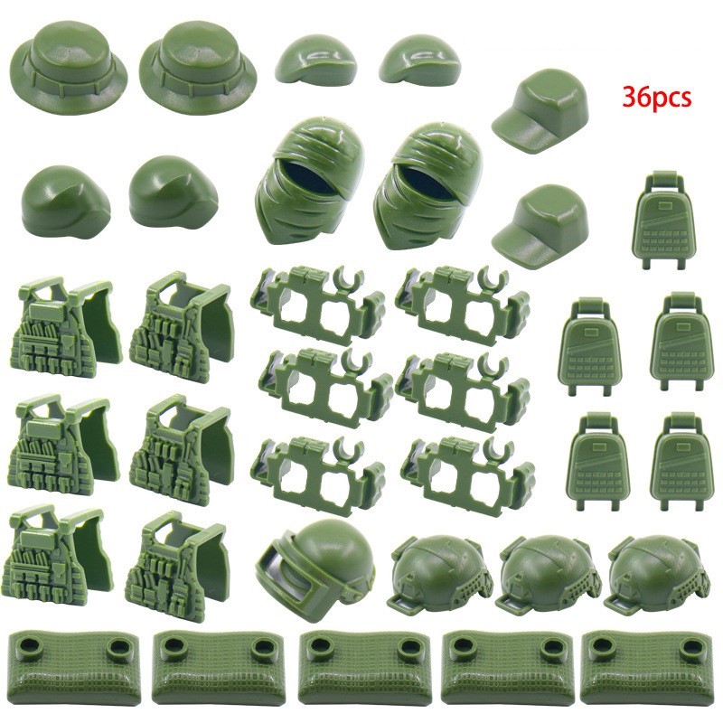 Accesorios para figuras MOC, bolsas de equipo militar, cascos, chalecos, sacos de arena y pequeños accesorios para bloques de construcción.